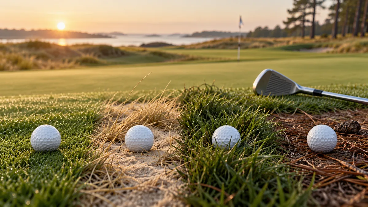 Fyra vita golfbollar ligger på olika underlag av kort gräs, sand, högt gräs och barr intill en golfklubba, med green, flagga, hav och solnedgång i bakgrunden.