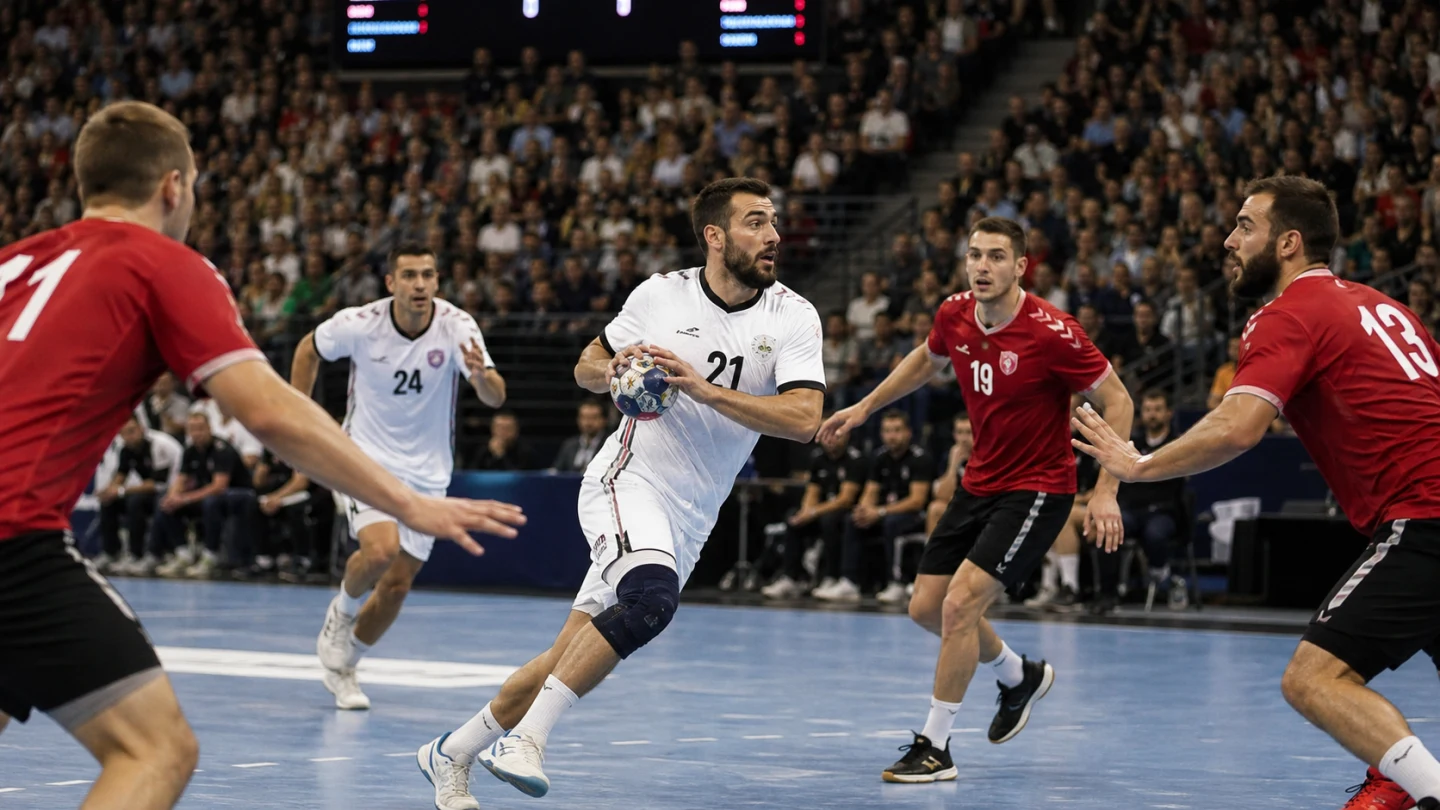 Resultattavla och handbollsplan efter en avgjord EM-match.