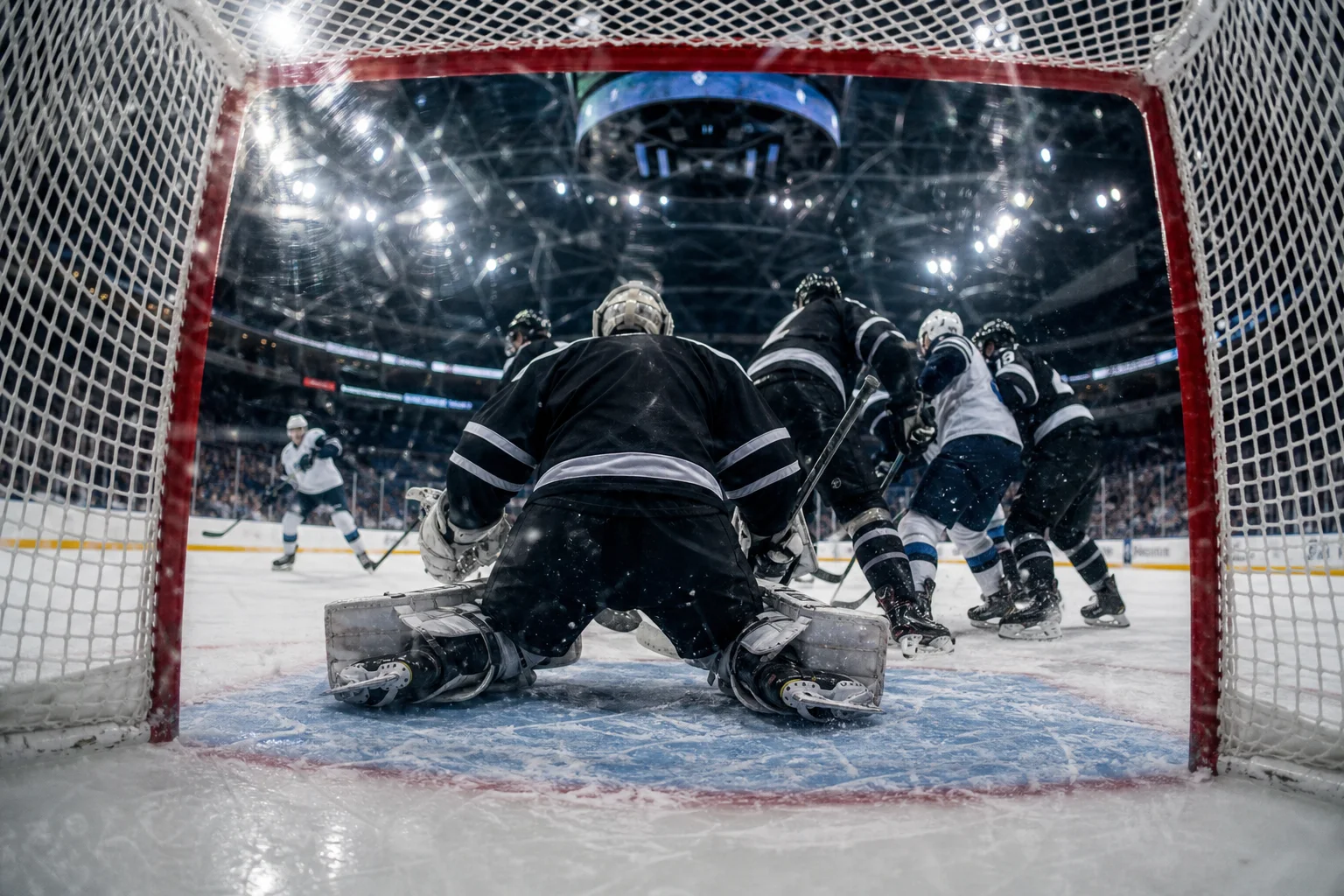 Ishockeymatch sedd från målet under Hockey VM 2027