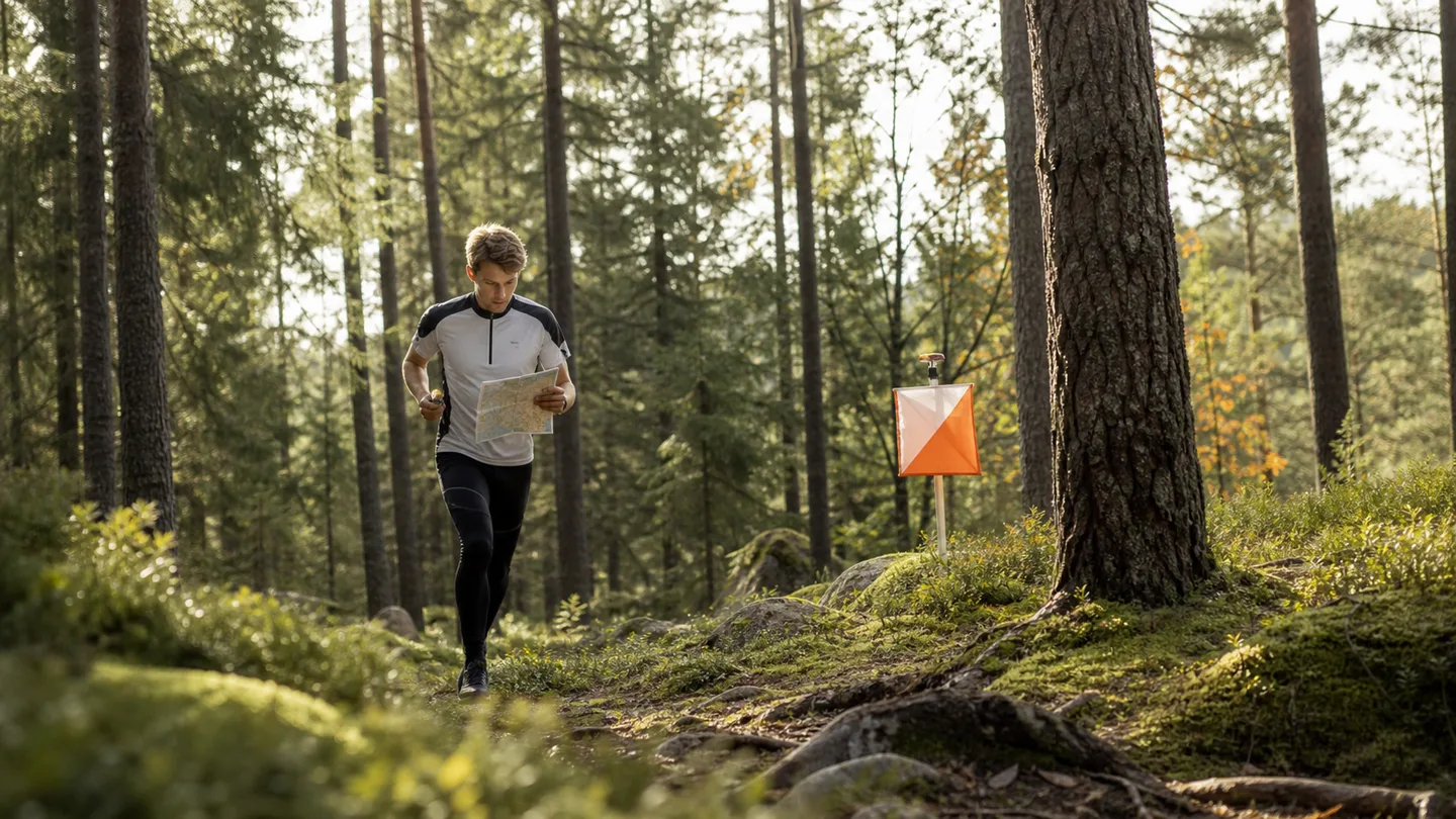 Orienterare som läser karta på väg mot nästa kontroll i skogen.